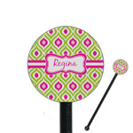 Ogee Ikat 5.5" Round Plastic Stir Sticks - Black - Single Sided (Personalized)