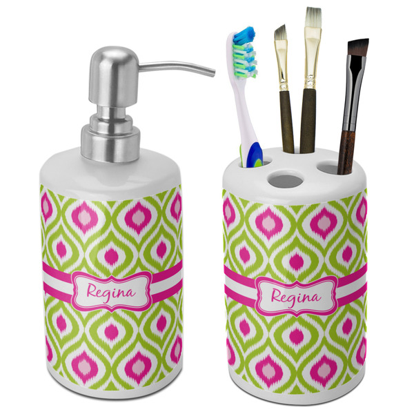 Custom Ogee Ikat Ceramic Bathroom Accessories Set (Personalized)