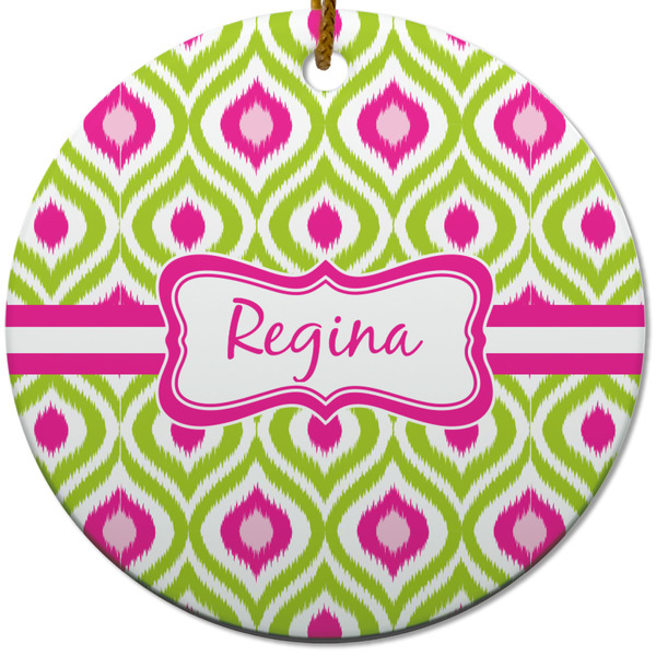 Custom Ogee Ikat Round Ceramic Ornament w/ Name or Text