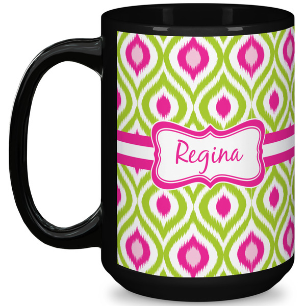 Custom Ogee Ikat 15 Oz Coffee Mug - Black (Personalized)