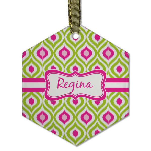 Custom Ogee Ikat Flat Glass Ornament - Hexagon w/ Name or Text