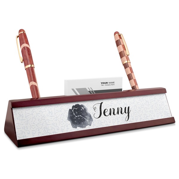 Custom Zodiac Constellations Red Mahogany Nameplate with Business Card Holder (Personalized)