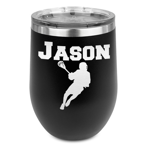 Custom Lacrosse Stemless Stainless Steel Wine Tumbler - Black - Single Sided (Personalized)