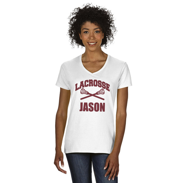 Custom Lacrosse Women's V-Neck T-Shirt - White - Medium (Personalized)