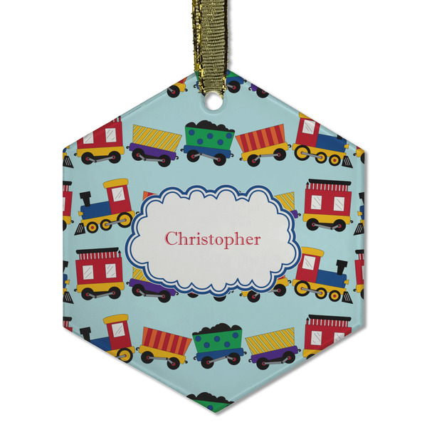 Custom Trains Flat Glass Ornament - Hexagon w/ Name or Text