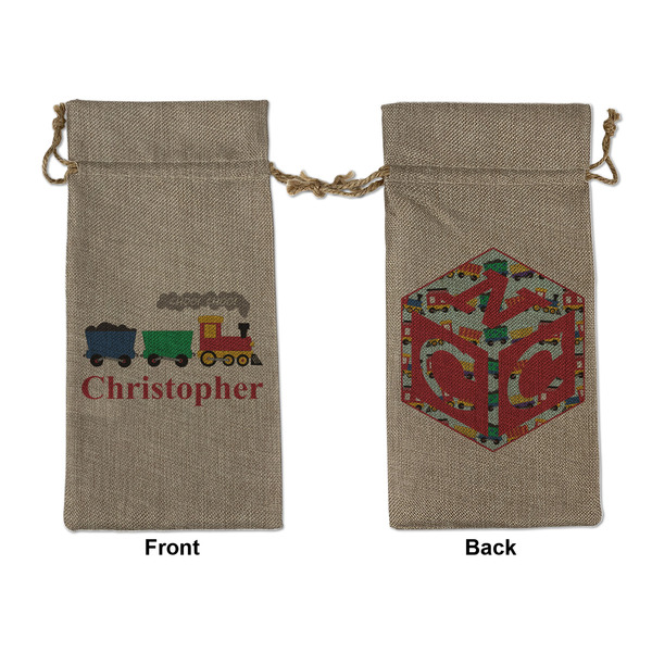 Custom Trains Large Burlap Gift Bag - Front & Back (Personalized)