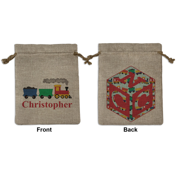 Custom Trains Medium Burlap Gift Bag - Front & Back (Personalized)