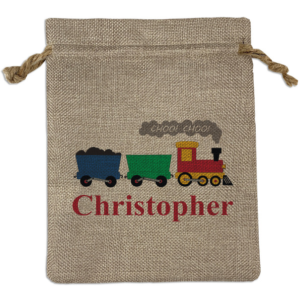 Custom Trains Medium Burlap Gift Bag - Front (Personalized)