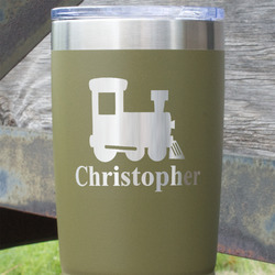 Trains 20 oz Stainless Steel Tumbler - Olive - Double Sided (Personalized)