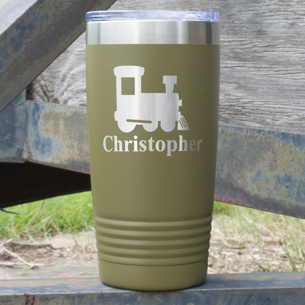 Custom Trains 20 oz Stainless Steel Tumbler - Olive - Double Sided (Personalized)