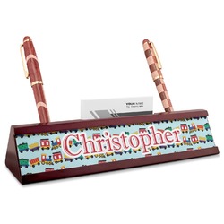 Trains Red Mahogany Nameplate with Business Card Holder (Personalized)