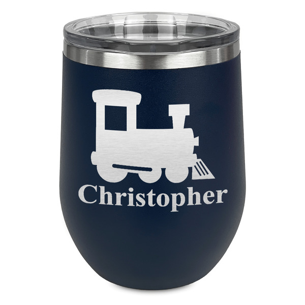 Custom Trains Stemless Stainless Steel Wine Tumbler - Navy - Double Sided (Personalized)