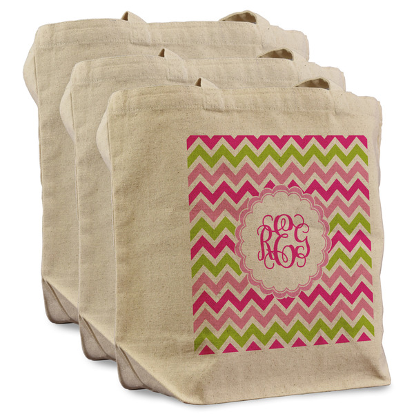 Custom Pink & Green Chevron Reusable Cotton Grocery Bags - Set of 3 (Personalized)