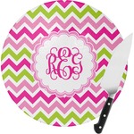 Pink & Green Chevron Round Glass Cutting Board - Small (Personalized)