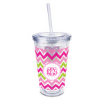 Pink & Green Chevron 16oz Double Wall Acrylic Tumbler with Lid & Straw - Full Print (Personalized)