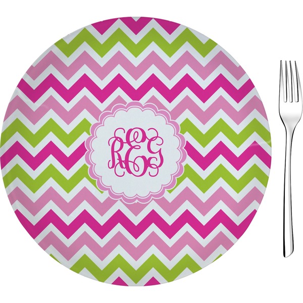 Custom Pink & Green Chevron 8" Glass Appetizer / Dessert Plates - Single or Set (Personalized)