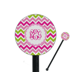 Pink & Green Chevron 5.5" Round Plastic Stir Sticks - Black - Single Sided (Personalized)