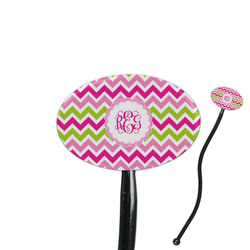 Pink & Green Chevron 7" Oval Plastic Stir Sticks - Black - Single Sided (Personalized)