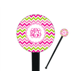 Pink & Green Chevron 7" Round Plastic Stir Sticks - Black - Single Sided (Personalized)