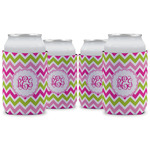 Pink & Green Chevron Can Cooler (12 oz) - Set of 4 w/ Monogram