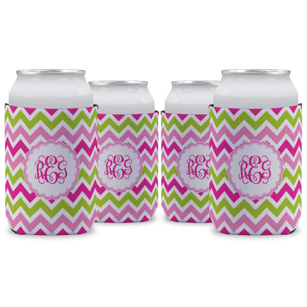 Custom Pink & Green Chevron Can Cooler (12 oz) - Set of 4 w/ Monogram