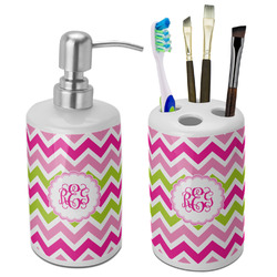 Pink & Green Chevron Ceramic Bathroom Accessories Set (Personalized)