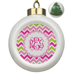 Pink & Green Chevron Ceramic Ball Ornament - Christmas Tree (Personalized)