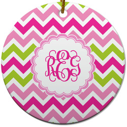 Pink & Green Chevron Round Ceramic Ornament w/ Monogram