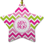 Pink & Green Chevron Star Ceramic Ornament w/ Monogram