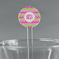 Pink & Green Chevron 7" Round Plastic Stir Sticks - Clear (Personalized)