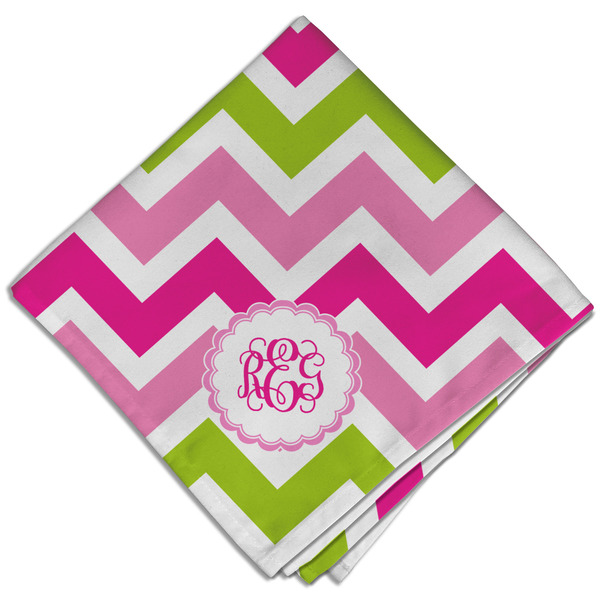 Custom Pink & Green Chevron Cloth Dinner Napkin - Single w/ Monogram