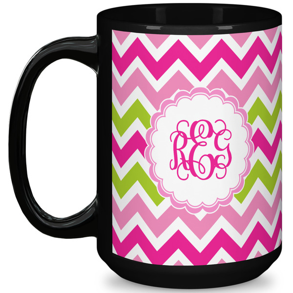 Custom Pink & Green Chevron 15 Oz Coffee Mug - Black (Personalized)