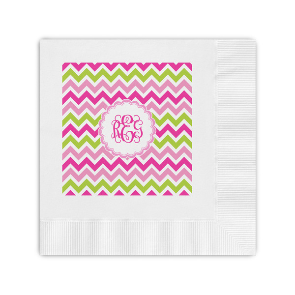 Custom Pink & Green Chevron Coined Cocktail Napkins (Personalized)