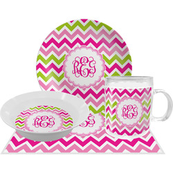 Pink & Green Chevron Dinner Set - Single 4 Pc Setting w/ Monograms