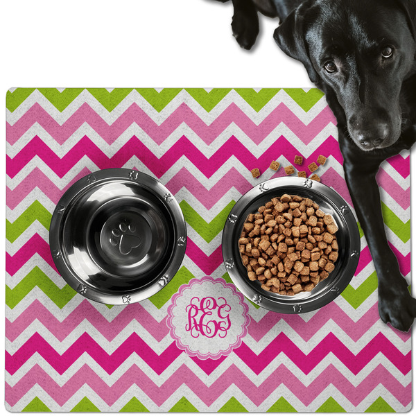 Custom Pink & Green Chevron Dog Food Mat - Large w/ Monogram