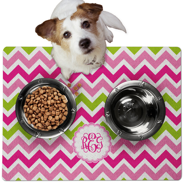 Custom Pink & Green Chevron Dog Food Mat - Medium w/ Monogram