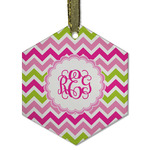 Pink & Green Chevron Flat Glass Ornament - Hexagon w/ Monogram