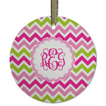 Pink & Green Chevron Flat Glass Ornament - Round w/ Monogram