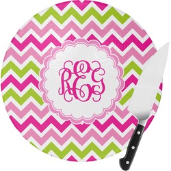 Pink & Green Chevron Round Glass Cutting Board - Medium (Personalized)