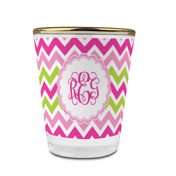 Custom Pink & Green Chevron Glass Shot Glass - 1.5 oz - with Gold Rim - Set of 4 (Personalized)