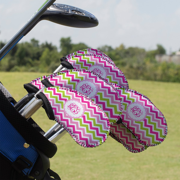 Custom Pink & Green Chevron Golf Club Iron Cover - Set of 9 (Personalized)