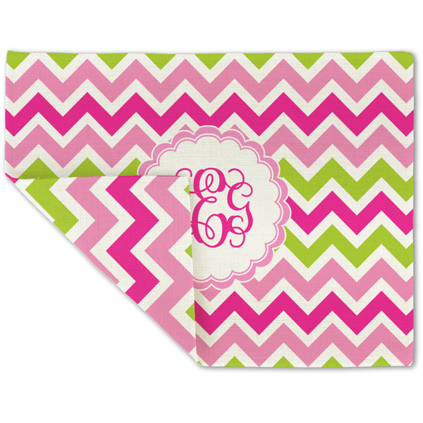 Custom Pink & Green Chevron Double-Sided Linen Placemat - Single w/ Monogram