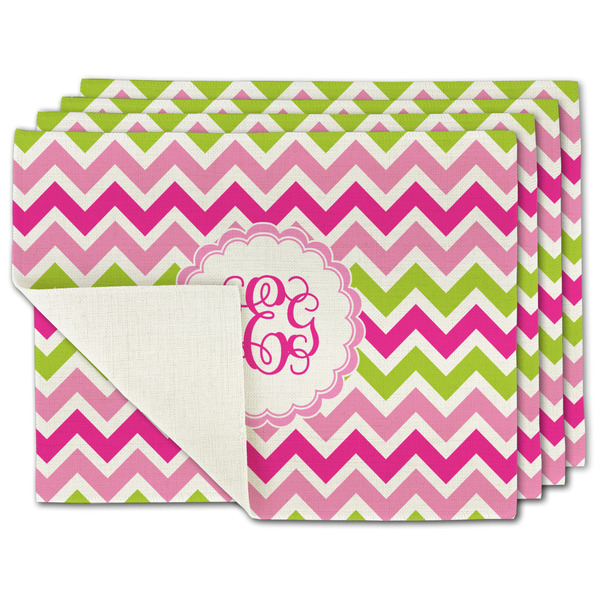 Custom Pink & Green Chevron Single-Sided Linen Placemat - Set of 4 w/ Monogram