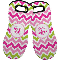 Pink & Green Chevron Neoprene Oven Mitts - Set of 2 w/ Monogram