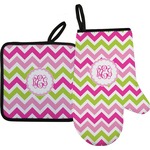 Pink & Green Chevron Oven Mitt & Pot Holder Set w/ Monogram