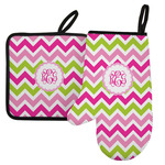 Pink & Green Chevron Left Oven Mitt & Pot Holder Set w/ Monogram