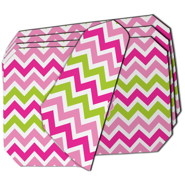 Custom Pink & Green Chevron Dining Table Mat - Octagon - Set of 4 (Double-SIded) w/ Monogram