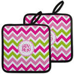 Pink & Green Chevron Pot Holders - Set of 2 w/ Monogram