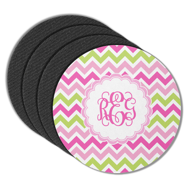 Custom Pink & Green Chevron Round Rubber Backed Coasters - Set of 4 (Personalized)