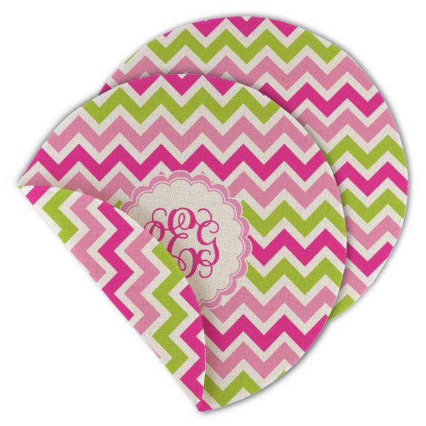 Custom Pink & Green Chevron Round Linen Placemat - Double Sided - Set of 4 (Personalized)